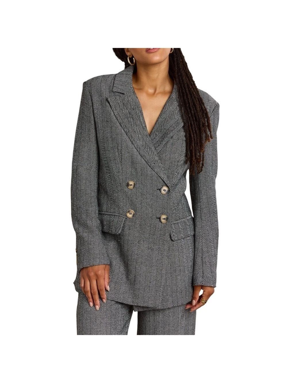Aaron & Amber Chevron Tweed Menswear Double Breasted Notched Lapel Blazer